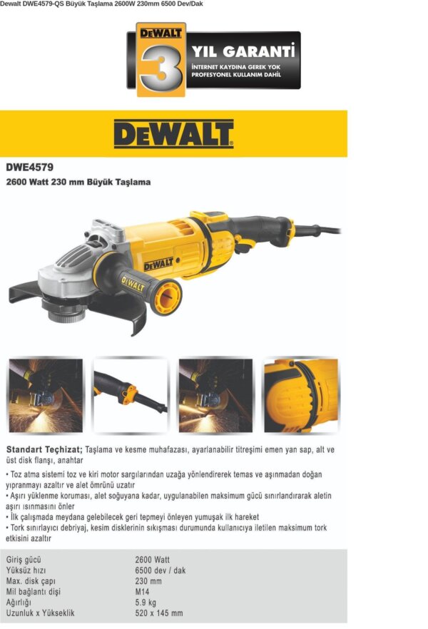 DWE4579-QS DEWALT BÜYÜK TAŞLAMA 2600W 230MM