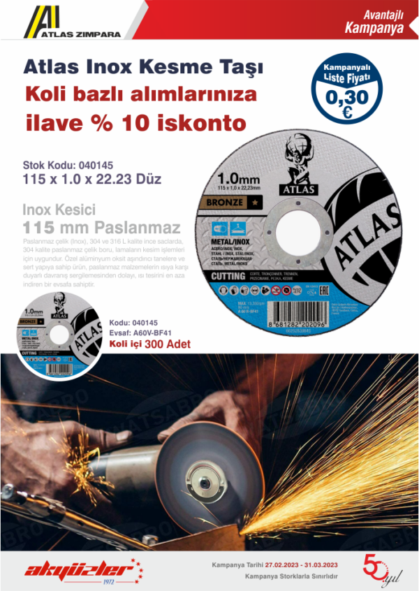 ATLAS İNOX KESME TAŞI BRONZE DÜZ 115X1,0X22,23