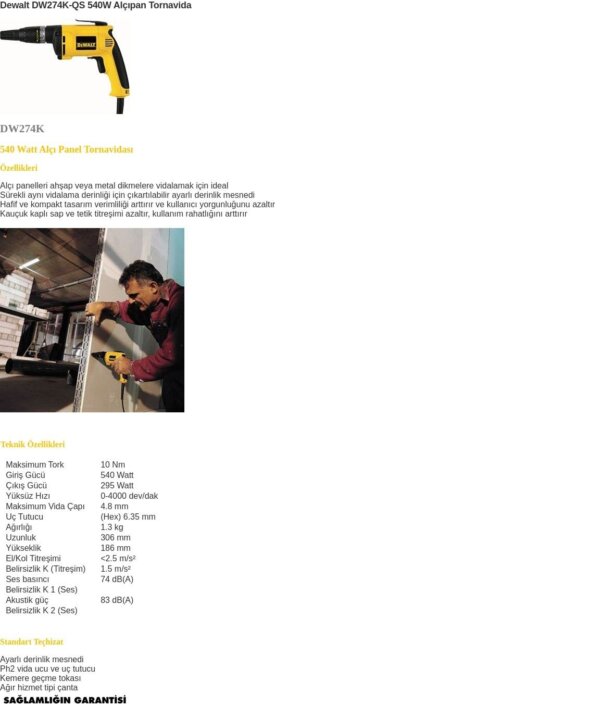 DW274K-QS DEWALT ALÇIPAN VİDALAMA 540W 4.8MM